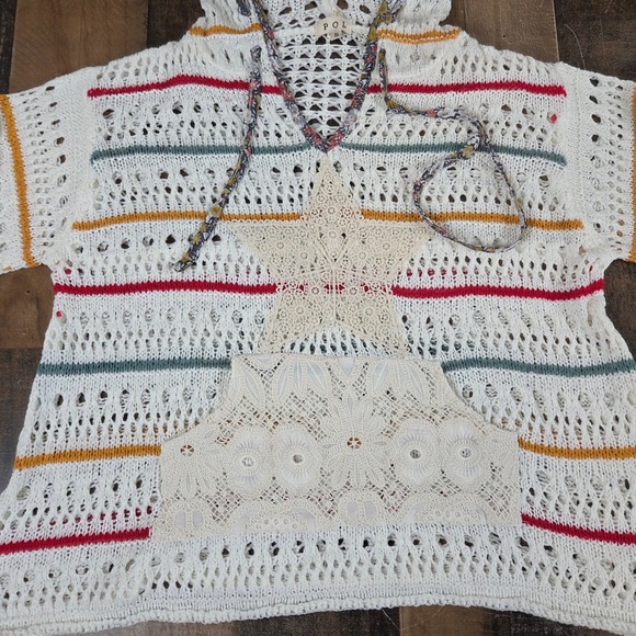 Anthropologie POL Crochet Knit Star Hoodie White Color Stripes Boho Hippie Small - Picture 4 of 11